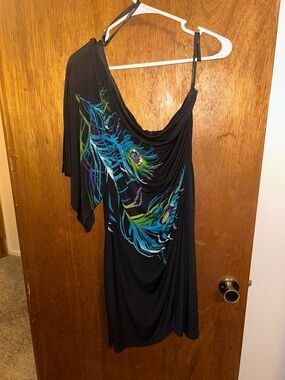 Bisou Bisou Black One-Shoulder Dress with Peacock Feather Print